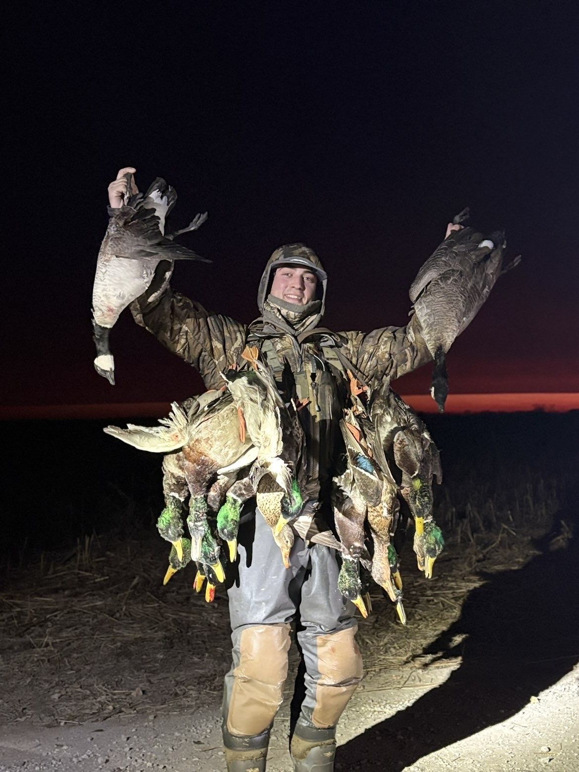 Decoy spread in a Kansas field at sunrise